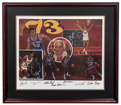 1973 New York Knicks Team Signed Litho In 36x32 Framed Display With 7 Signatures (Beckett PreCert)